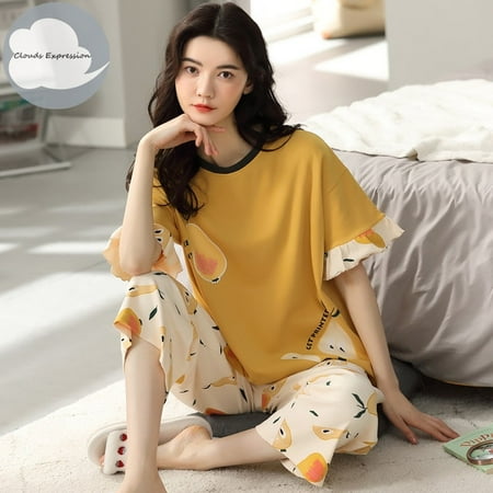 

QWZNDZGR Summer Knitted Cotton Cartoon Pajamas Sets Women Pyjamas Sleepwear Nightwear Pijama Mujer Plus Size Calf-Length Pants Homewear