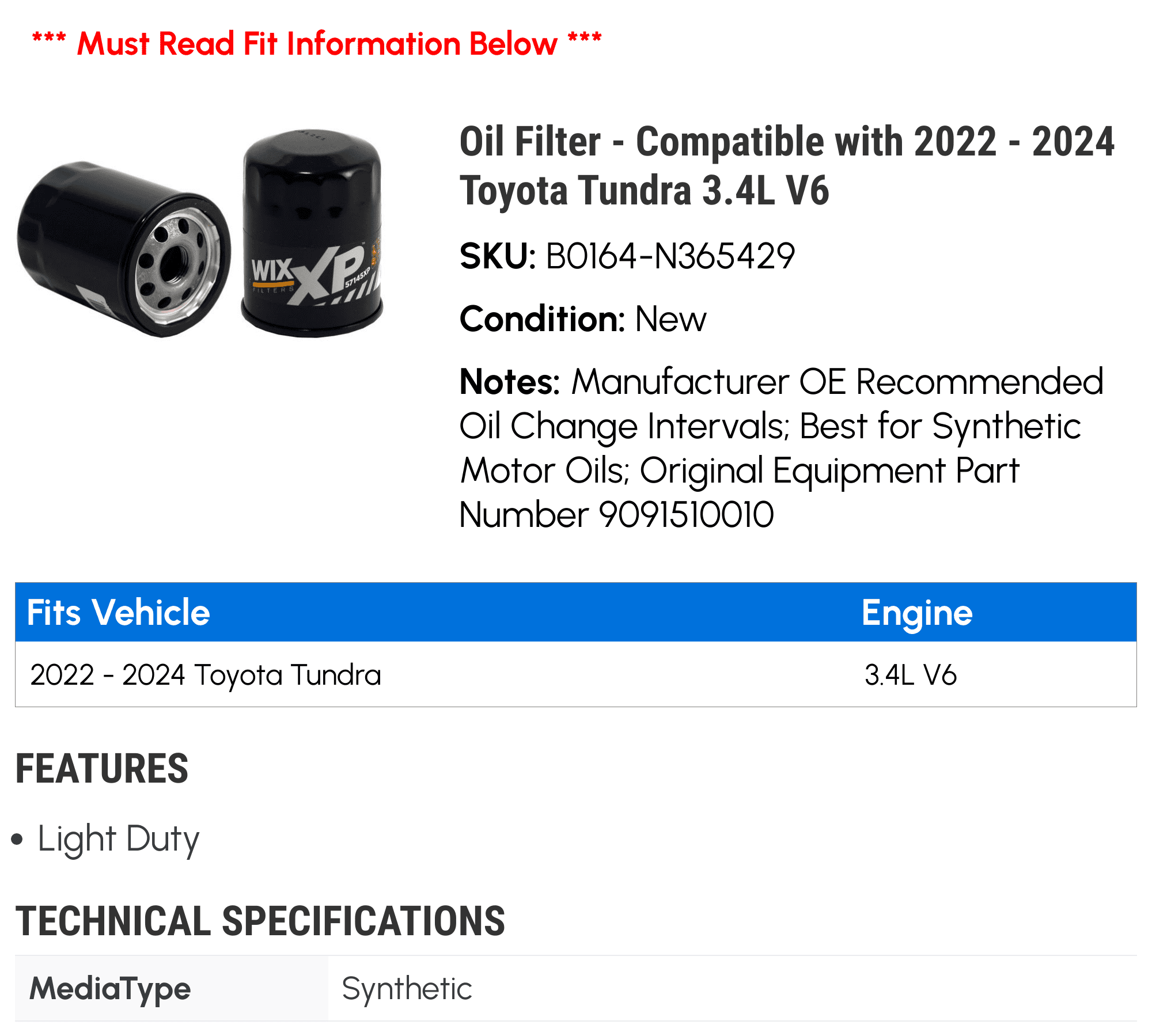 Oil Filter - Compatible with 2022 - 2024 Toyota Tundra 3.4L V6 2023