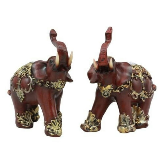 Ebros Faux Wood Feng Shui Elephant with Trunk Up Set of 2 Thai Buddhism Figurine