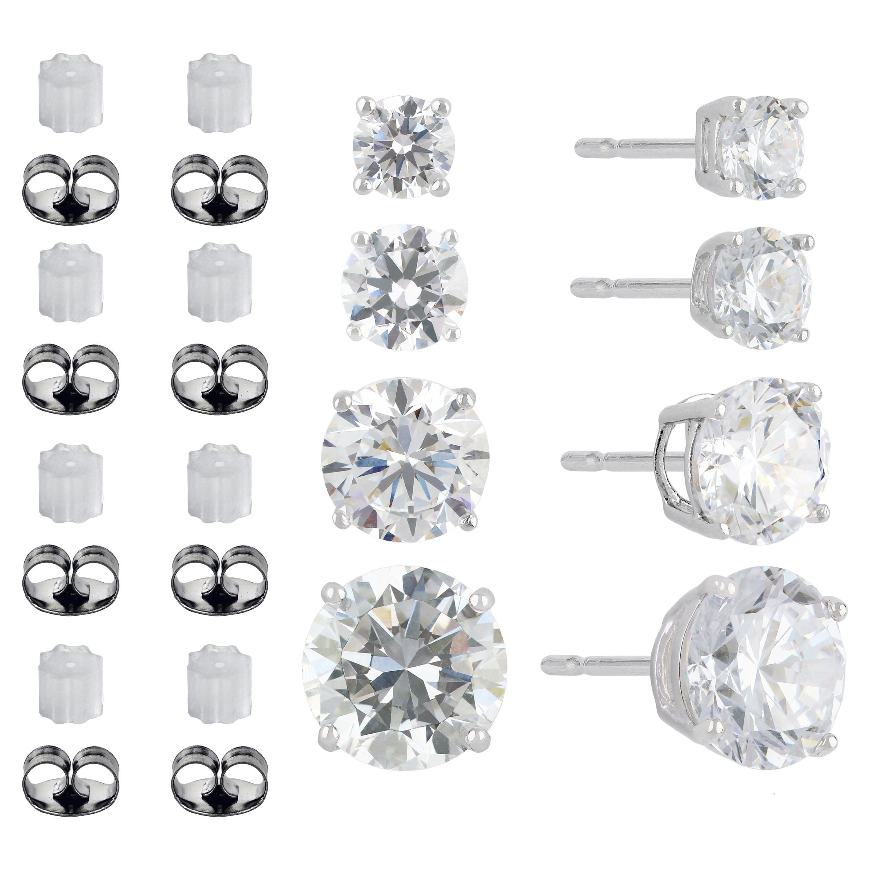 Brilliance Fine Jewelry Women's Simulated Diamond 4 Pair Round Earrings in Sterling Silver