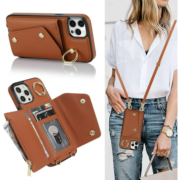 for iPhone 12 Pro Case Wallet with Strap for Women,Crossbody Lanyard and Wristlet Strap,Zipper Pocket,Credit Card Holder,Stand Ring,Phone Wallet Cases(6.1 inch,Brown)