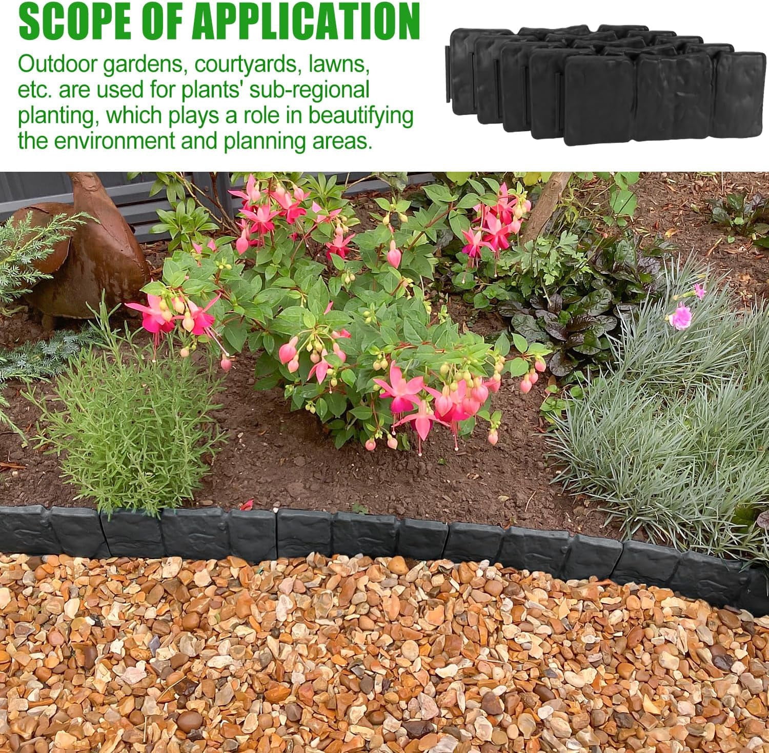 Garden Edging Border NO DIG, with Landscape Edging Anchoring Spikes, Black Stone Effect Plastic Lawn Edging Fencing, Interlocking Yard Lawn Edging for Flower Bed | 24 Ft | 30Pcs | Black |