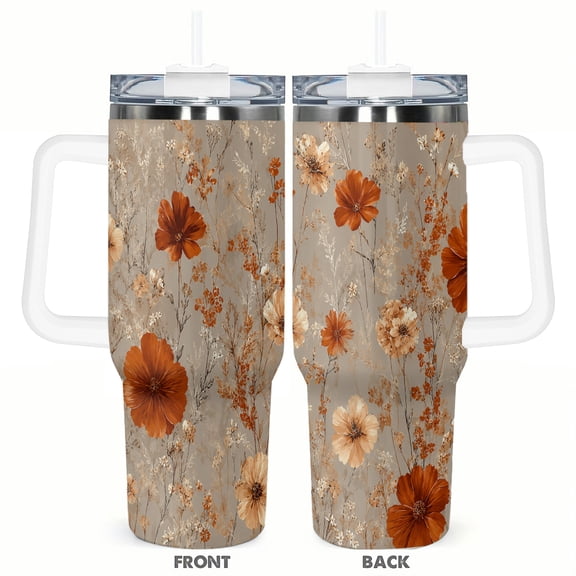 40oz Terracotta Floral Travel Tumbler with Handle and Straw Lid Neutral Wildflower Insulated Car Coffee Cup Gift for Women