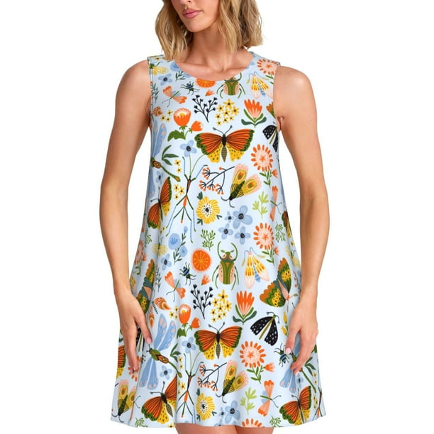 Fotbe Insects and Flowers Vestido de Verano sin Mangas para Mujer – Vestido Midi Línea A, Estilo Camiseta Floral, Vestido Playero Casual y Fluido