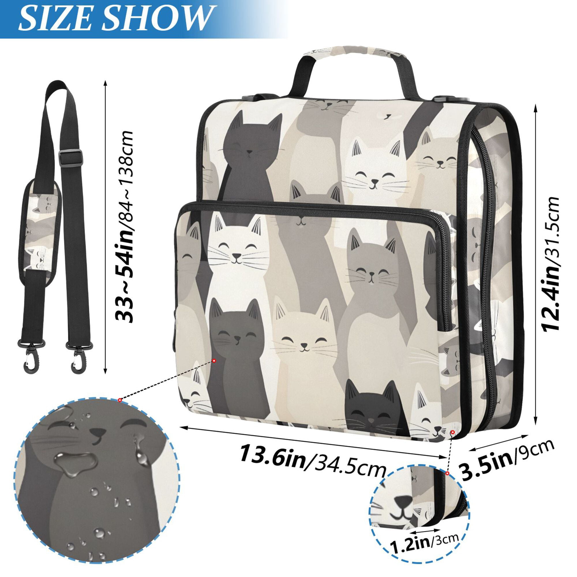 FORMRS Zipper Binder with Shoulder Strap 2-inch Ring 500 Sheet Capacity File Bag, Beige Cute Cats