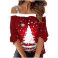 thumbnail image 2 of Puntoco Camiseta con estampado navideño de hombros descubiertos y estilo casual para mujer, 2 of 5