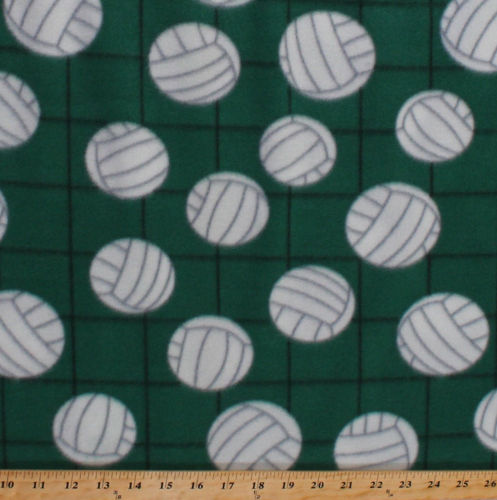 Fleece Volleyballs on Net Green Sports Fleece Fabric Print by the Yard
