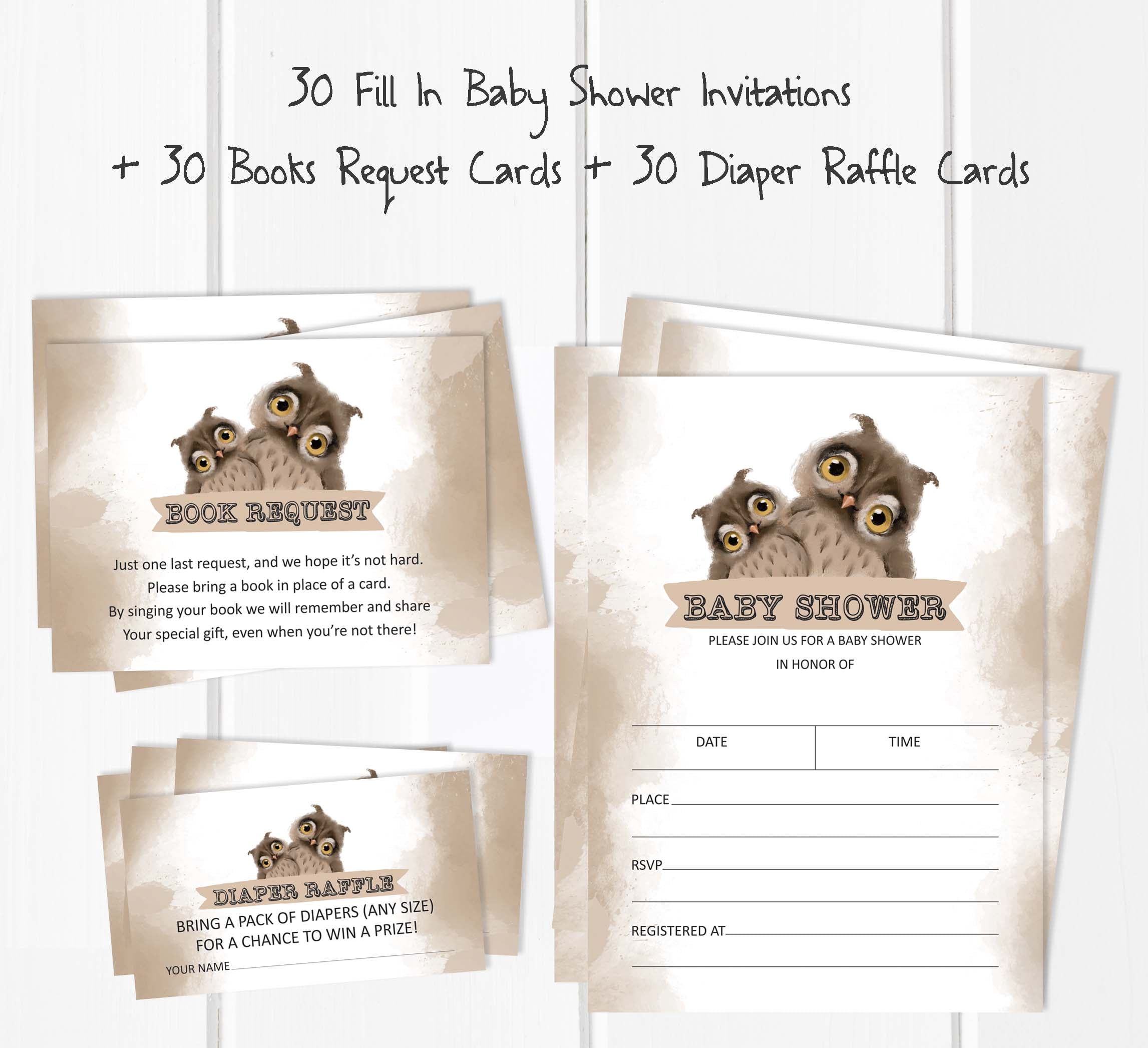Inkdotpot Set Of 30Owl Bird Baby Shower Invitations-Diaper Raffle Tickets And Baby Shower Book Request Cards Invites Its A Boy Its A Girl