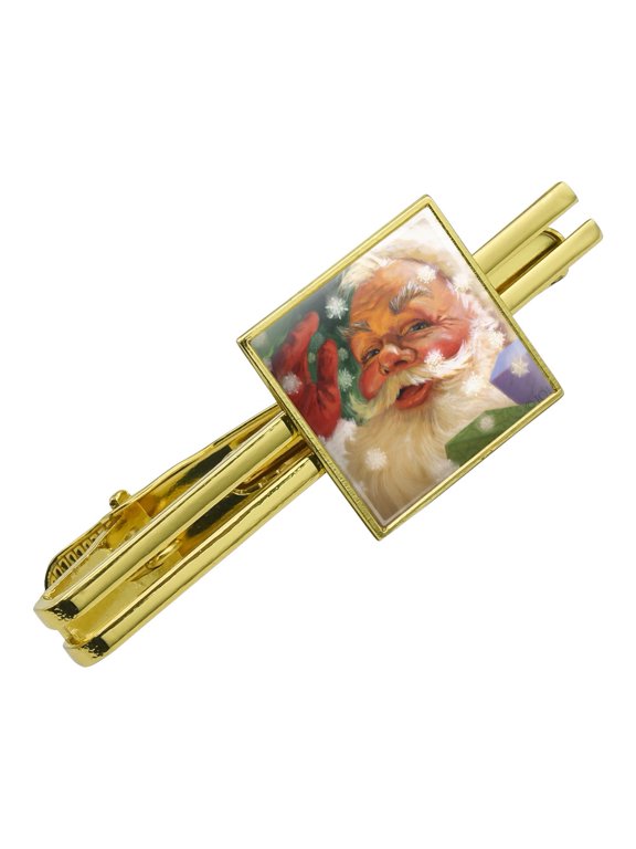 Christmas Holiday Hello Santa Claus Square Tie Bar Clip Clasp Tack- Silver or Gold