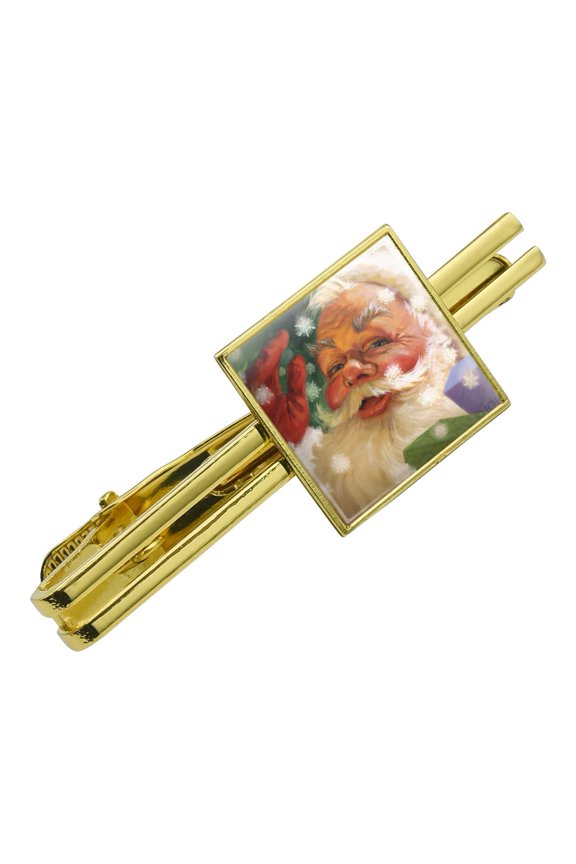 Christmas Holiday Hello Santa Claus Square Tie Bar Clip Clasp Tack- Silver or Gold