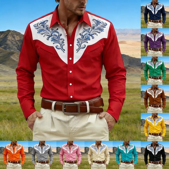 Mens Shirts Casual Allover Print Long Sleeve Button Down Top Western Cowboy Theme Carnival Dress Comfortable Shirt for Men Beige L