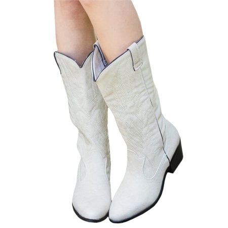 

Women s Casual Cowboy Boots Mid Calf Vintage Pull On Cowgirl Low Block Shoes