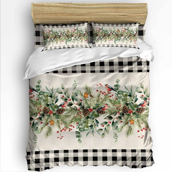 Christmas Plants Twin Size Comforter Set, Winter Eucalyptus Leaves Bird Black Plaid Soft Bedding for All Seasons, 4 Pcs Bed Set with 1 Comforter (68"x86") ,1Sheet(66"x116"), 2 Pillowcases (19"x29")