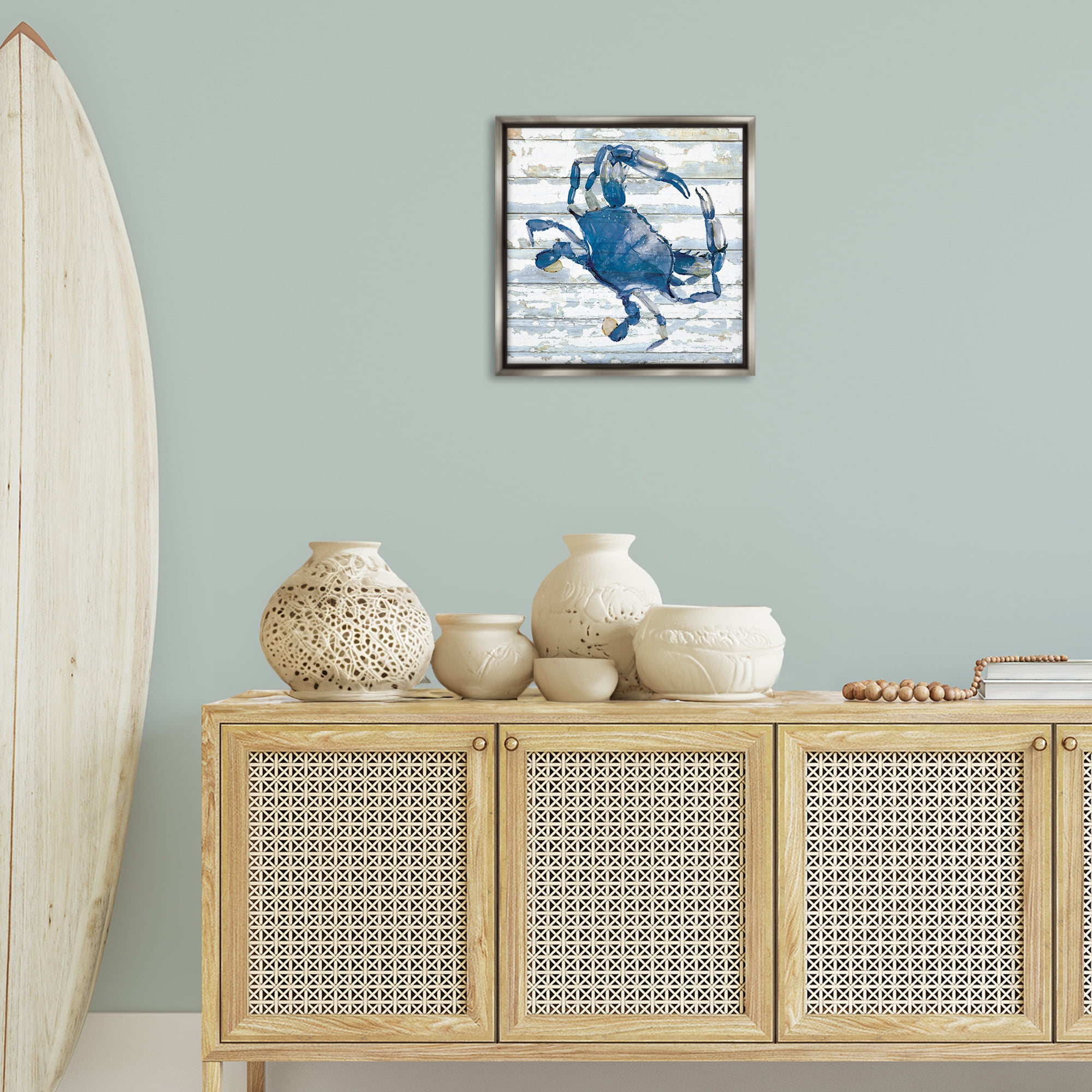 Stupell Industries Blue Crab on Distressed Animals Painting Gray Floater Framed Canvas Art Print Wall Art, 18 x 18