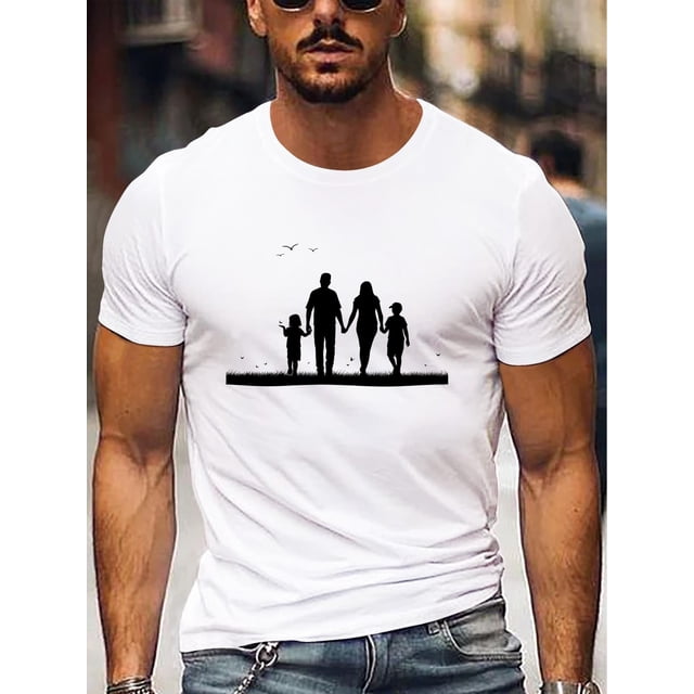 Family Pattern Print Crew Neck Short Sleeve T-shirt for Men, Casual Summer T-Shirt for Daily Wear And Vacation Resorts