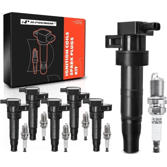 A-Premium Set of 6 (Black) Ignition Coil Pack and Iridium Spark Plugs Compatible with Hyundai Sonata 2006-2010, Santa Fe 2007-2009 & Kia Optima 2006-2008