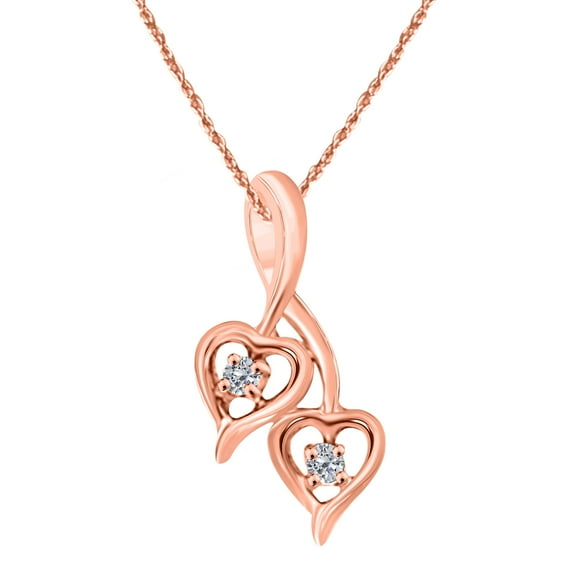 Aone Jewelry Engagement Necklace for Women 0.10 Carat Beautiful Twin Hearts Diamond Pendant 4 Prong-Setting 10K Rose Gold With 18'' Chain