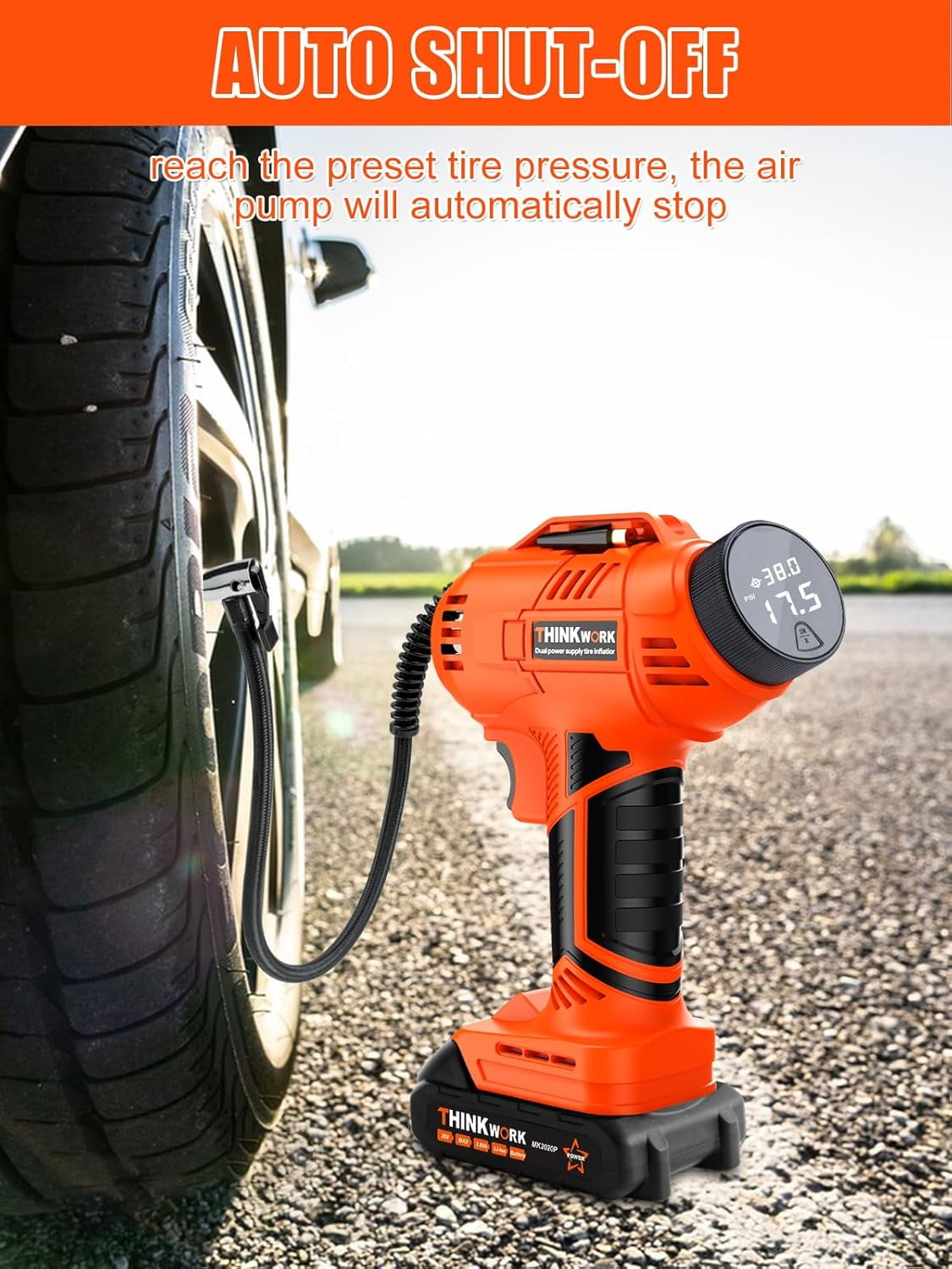 Thinkwork Cordless 20V Rechargeable, 150 PSI Tire Inflator - Orange