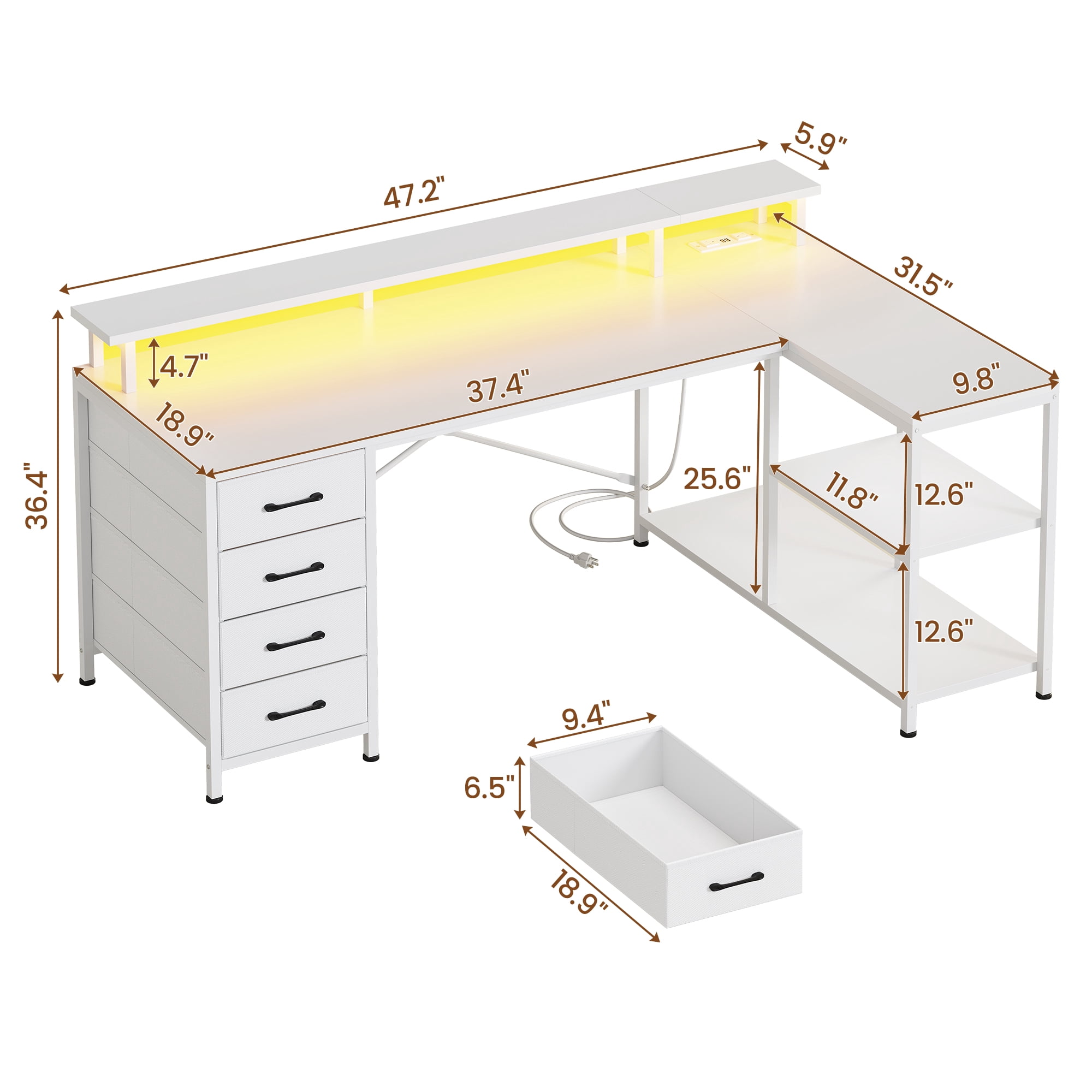 47" Gaming Desk with Power Outlets & LED Lights, L Shaped Desk with Fabric Drawers & CPU Stand, Corner Computer Desk with Open Shelves for Small Space, White