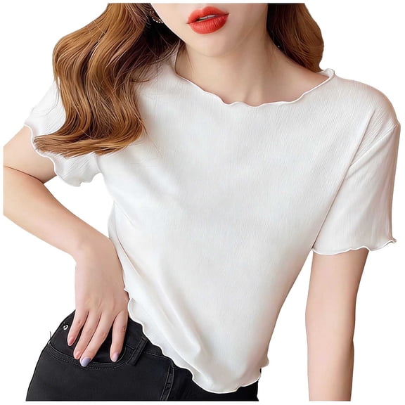 YUGYXL Womens Crop Tops Short Sleeve Ruffle T-Shirts Crew Neck Summer Tee Solid Color Ribbed Knit Tops Casual Soft Tee White L