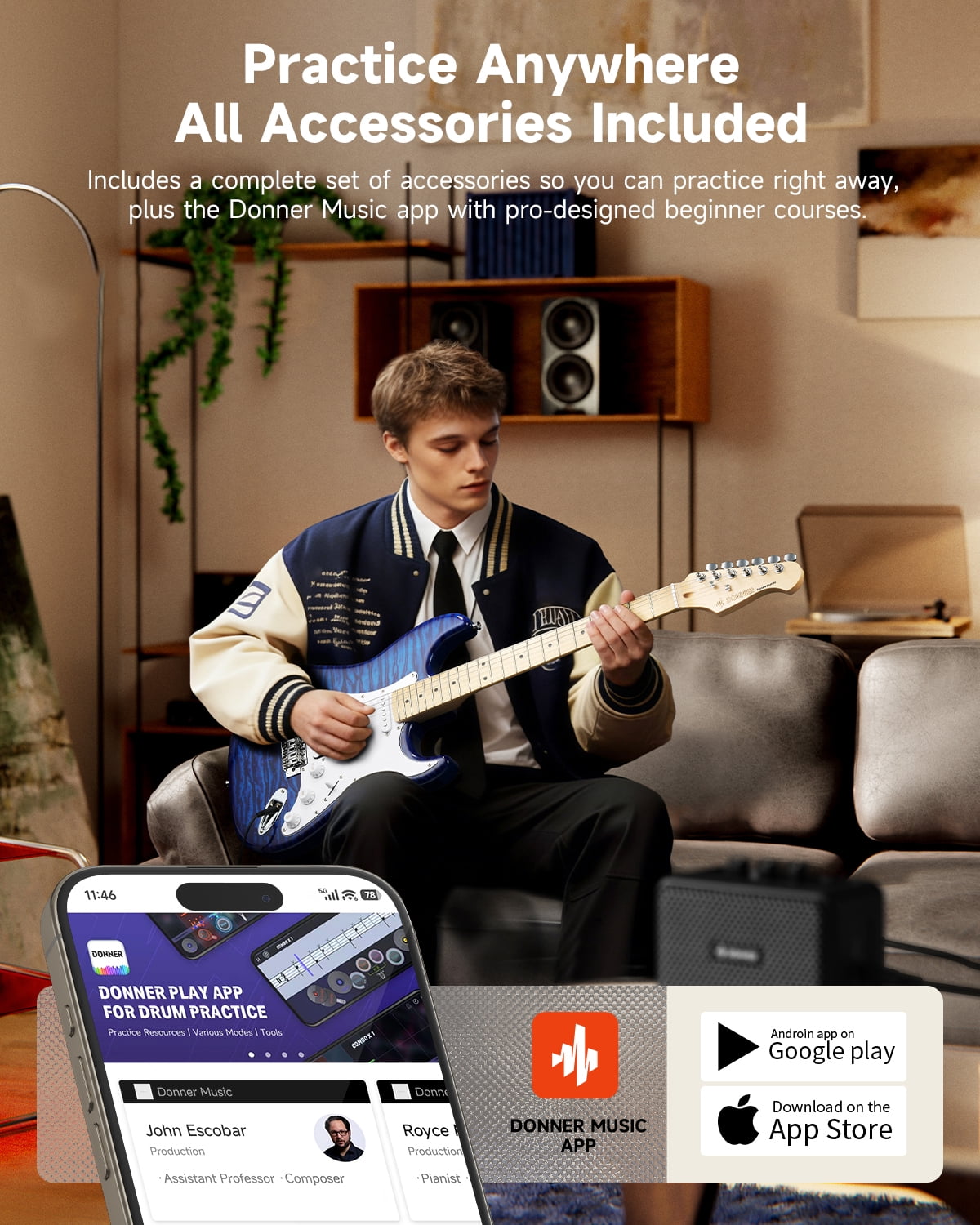 Donner DST-95 Electric Guitar Kit, 39" Beginner Solid Body Starter Set, with Amplifier, Bag, Capo, Strap, String, Tuner, Cable, Picks, Blue