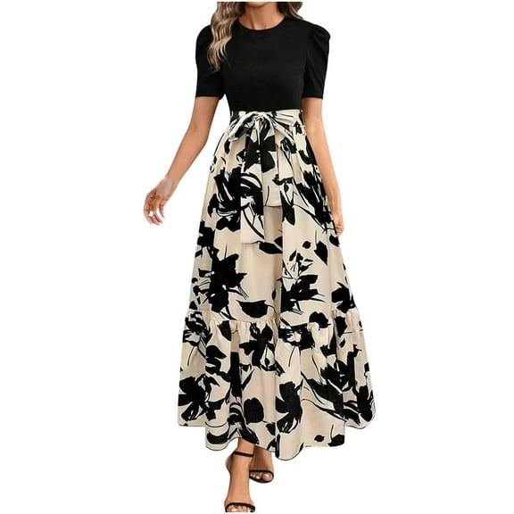 Felirenzacia Women’s Maxi Dress, Short Sleeve Round Neck Black Top with Flowy A Line Floral Skirt with Ribbon Belt, Wear to Work Dress for Ladies