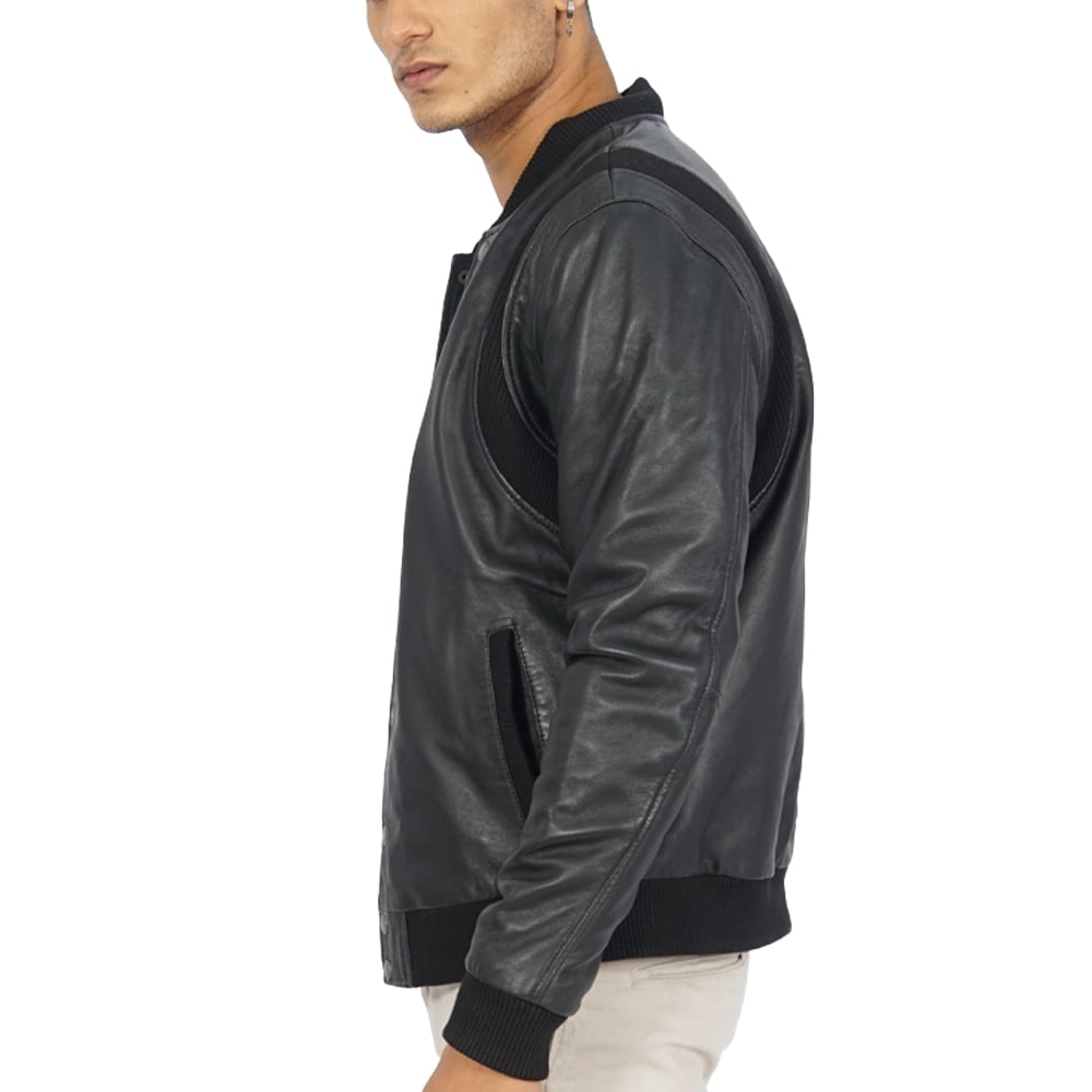 Boston Harbour Charlie Black Bomber Leather Jacket Mens - Cafe Racer Motorcycle Leather Jacket Men