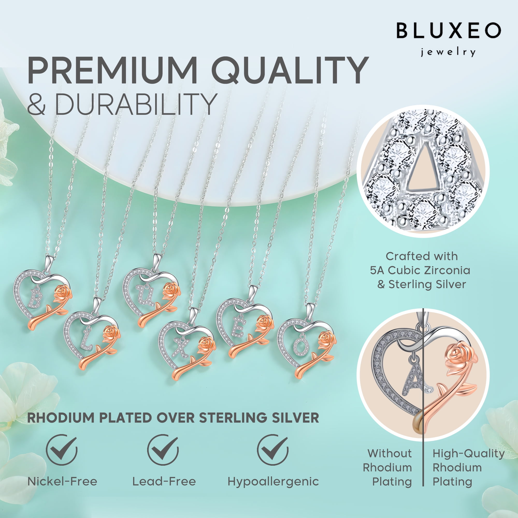 Bluxeo 925 Sterling Silver Rose Heart Initial Necklace, Christmas Gifts for Women Wife  Anniversary Birthday Gifts for Women, Jewelry Gift for Her Wife Girlfriend Mom Daughter