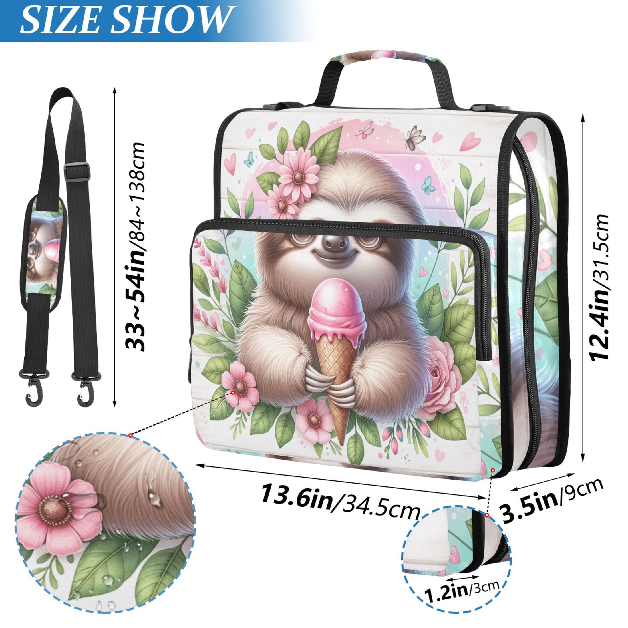3 Ring Zipper Binder with Shoulder Strap Waterproof Trapper Keeper 2 Inch D-Ring 500 Sheets Capacity Cute Sloth with Ice Cream