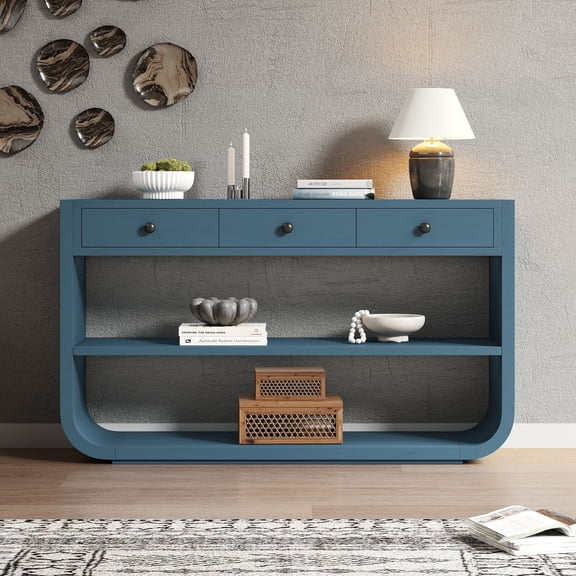 Euroco 55 Inch Curved Console Table with 3 Soft-Close Drawers, 3-Tier Entryway Table with 2 Storage Open Shelves,Wood Narrow Long Sofa Table for Living Room, Hallway, Foyer,Blue