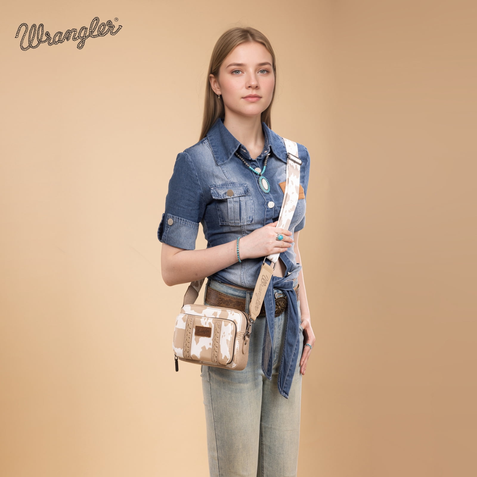 Wrangler Cow Print Crossbody Bag for Women Western Cowgirl Crossbody Purses with Guitar Strap, Tan