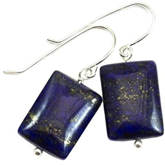 Sterling Silver Lapis Lazuli Blue Earrings Rectangle Cut Simple Drops Dark Blue Pyrite Flecks Designed for Adult Women