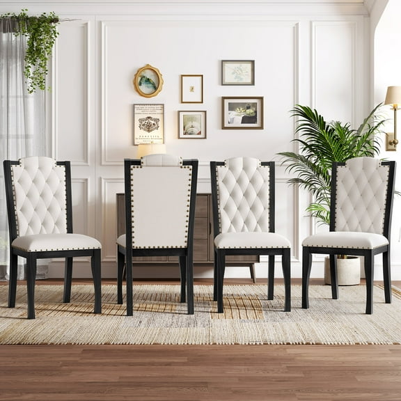 Dining Chairs Upholstered Dining Chairs Set of 4, High Back Diamond Button Tufted Kitchen Chairs with Solid Wood Legs and Nailhead Trims for Dining Room, Living Room, Restaurant, Biege Black,Wooden D