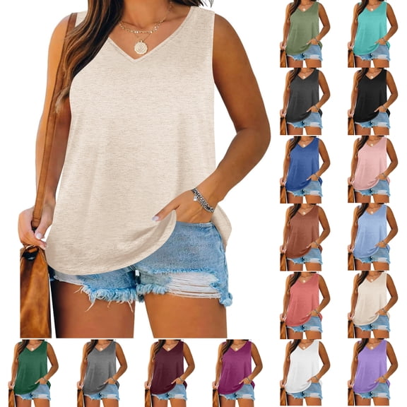 Womens Tank Tops Summer Short Sleeveless Loose Polluer Plus Size Tank Tops Solid V-Neck Blouse Shirt Tank Tops for Women, Beige-L