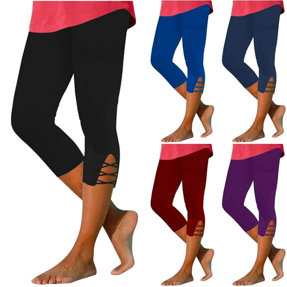 DDAPJ pyju Capri Leggings for Women Tummy Control High Waisted Yoga Pants Lightweight Summer Cropped Pants Basic Solid Comfy Casual Beach Capris 2025 Prime Sales Blue L