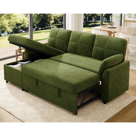 Merluxy 83.5'' Sectiona Sofa Bed with Storage - Green Sleeper Couch for Living Room, Linen