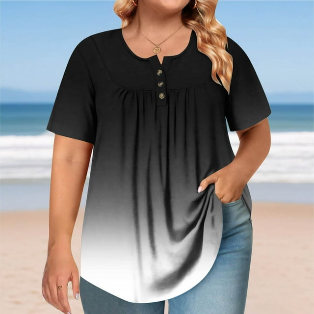 Hauts Grande Taille pour Femmes, T-Shirt Ombré Plissé, Blouse Décontractée Extensible à Manches Courtes, T-Shirt à Col Rond Confortable (心词:Hauts Grande Taille, T-Shirt Plissé)