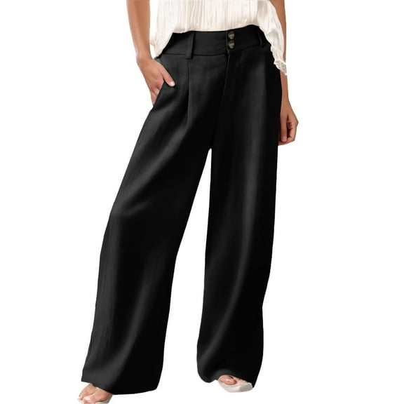 yunLCZ Womens Dress Pants Womens Linen Pants Casual Loose Wide Leg Pants For Women Elastic Waist Palazzo Pants Trousers With Pockets Office Slacks