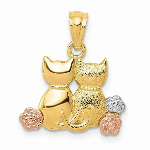 14k Yellow Rose Gold White Rhodium Textured Polished Finish Two Cats Sitting Charm Pendant