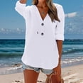 thumbnail image 2 of YWIYIUD Women Cotton Linen Lightweight Hooded Shirt Drawstring Button Down Blouses for Women Dressy Casual Short Sleeve V Neck Cardigan Summer Clothes Oversize Casual Blouses, 2 of 8