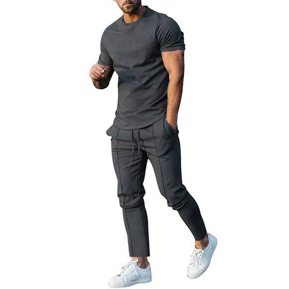 Mens Suit Adult Male Haptic Suits Men's Personality Tracksuit 2 Piece Outfit Short Sleeve T Shirt and Trousers Set Fashion Clothes(Dark Gray,3XL)