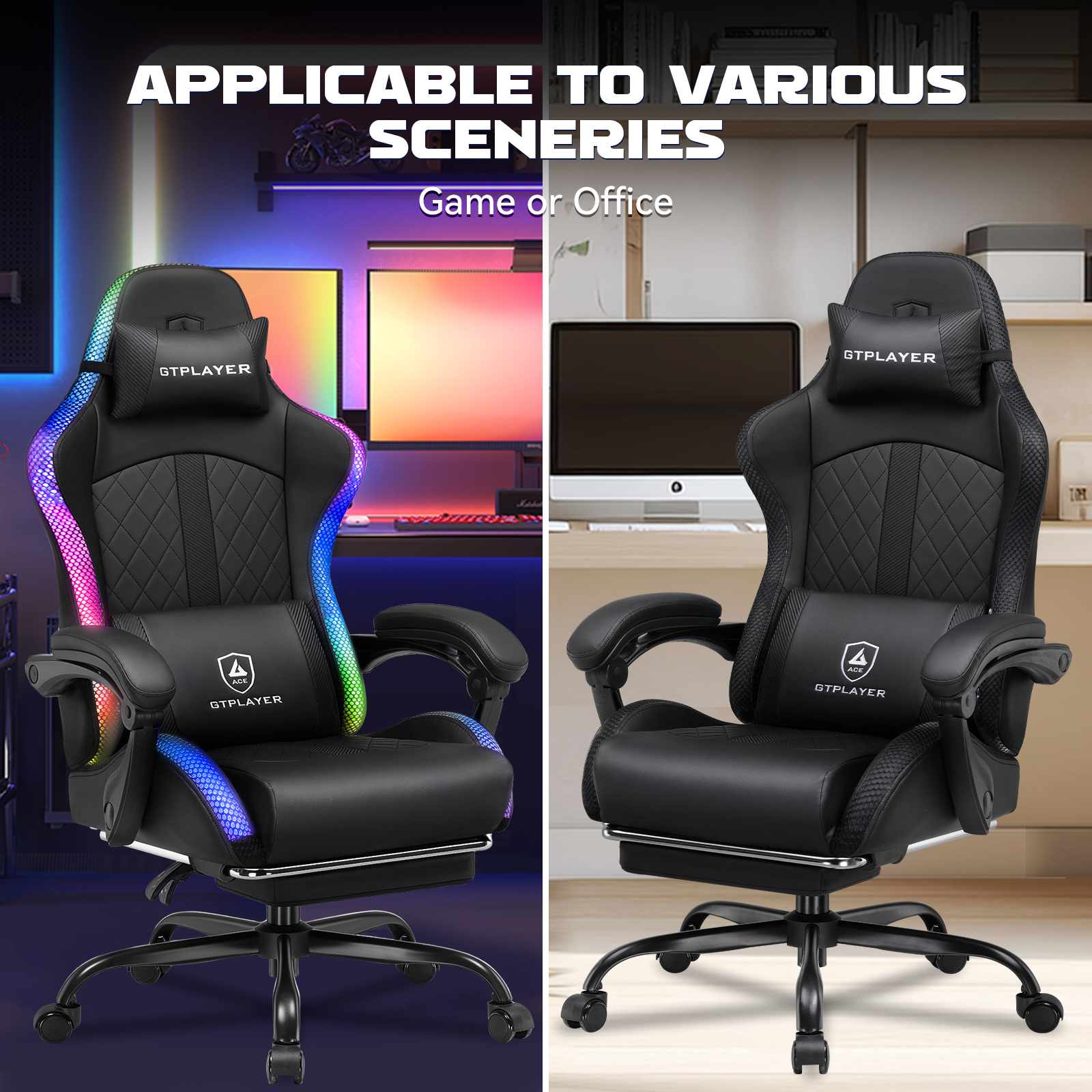 GTPLAYER RGB Gaming Chair with Speakers, Computer Gamer Chair with Footrest and LED Lights, Black