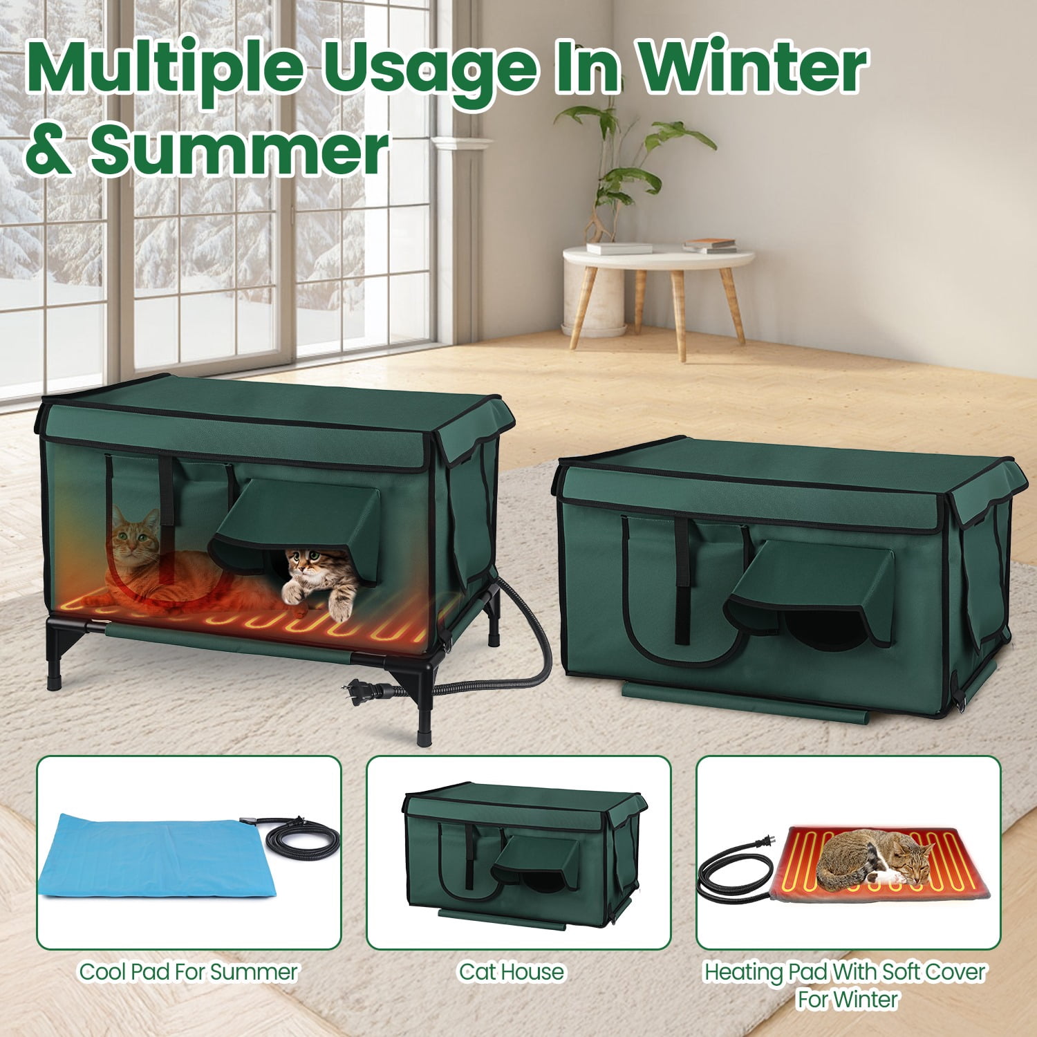 Waterproof Heated Cat House Outdoor Weatherproof Insulated Kitty Shelter with Heating Pad Anti-Chew Cord 2 Doors 3 Windows for Indoors Outdoors Winter Summer