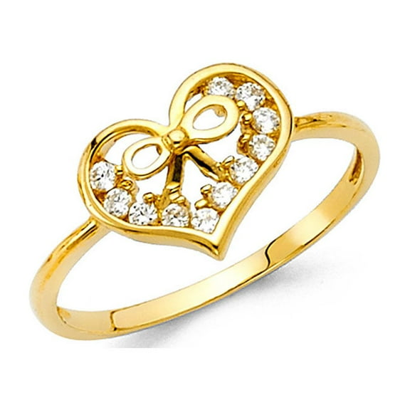 Bowtie Heart Ring CZ Solid 14k Yellow Gold Love Knot Band Promise Ring Stylish Polished Finish, Size 7