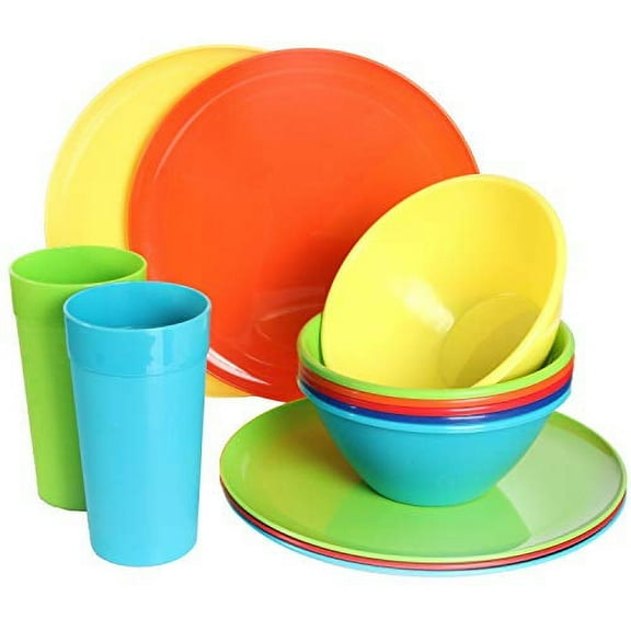 Youngever 18 Piece Plastic Kitchen Dinnerware Set, Plates, Dishes, Bowls, Cups, Service for 6 (Rainbow Colors)