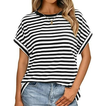 VDJ Women Tops Casual Loose Striped Print T Shirts Crew Neck Short Sleeve Summer Tunic Tee Fashion Holiday Blouses Size S