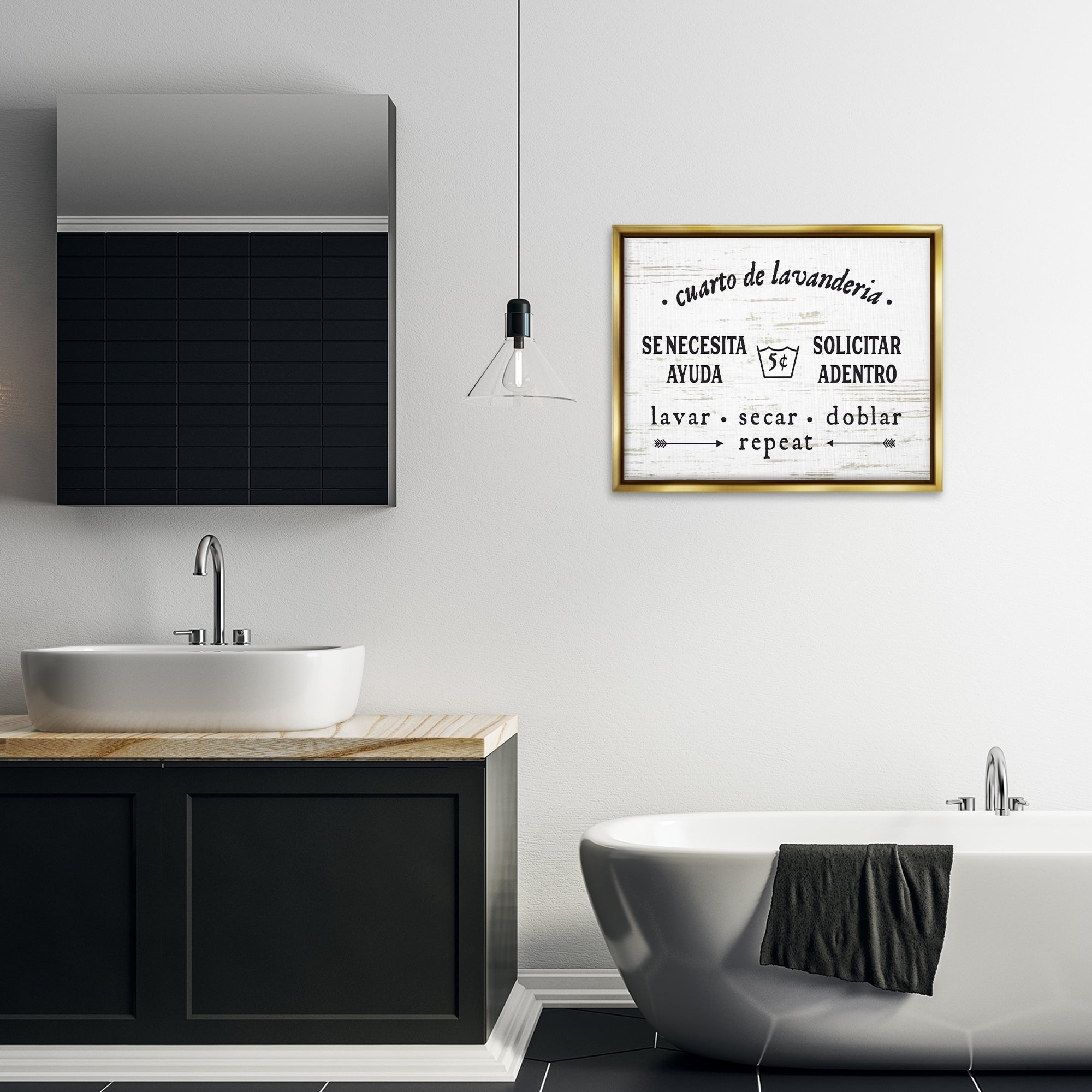 Stupell Industries Cuarto de Lavandería Bath & Laundry Painting Gold Floater Framed Art Print Wall Art, 31 x 25