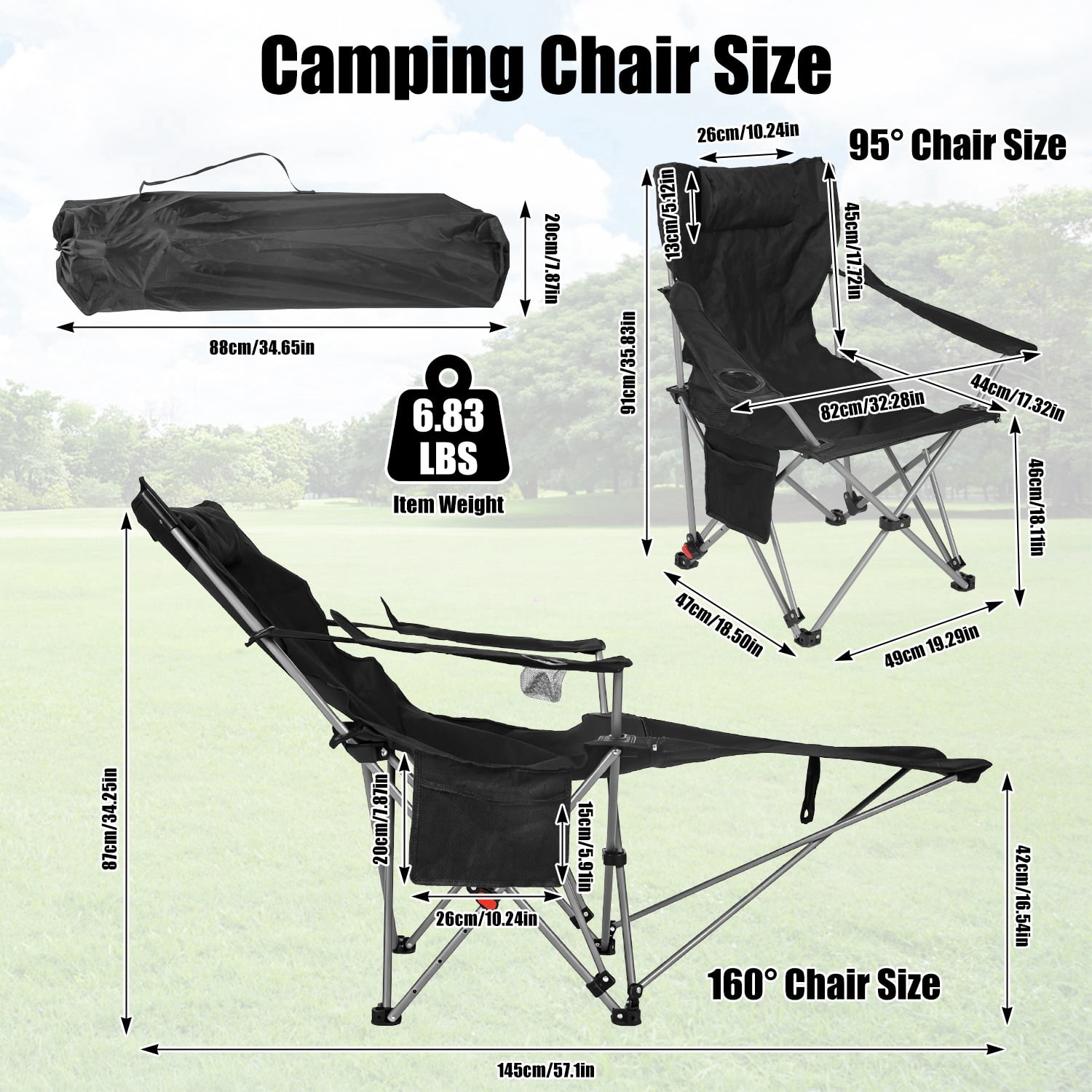 4-Position Reclining Folding Camping Chair with Detachable Footrest, Carbon Steel Frame Waterproof 600D Oxford Lawn Chair with Cup Holder Side Pocket for Fishing Beach Backyard