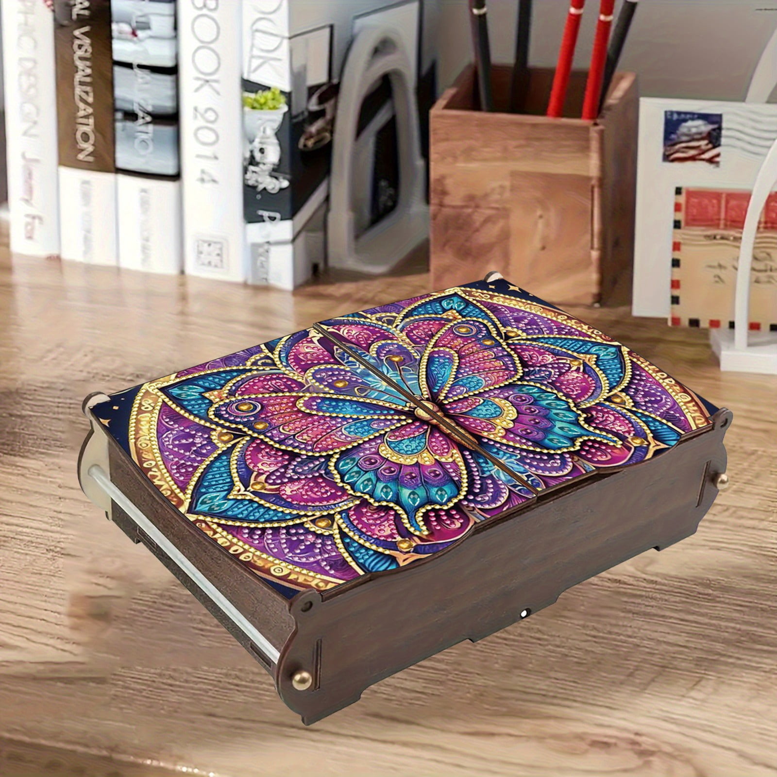 FLOPESN DIY Diamond Art Painting Jewelry Box,Creative Design Wooden Lid Rectangular Storage Case for Home Decor-Butterfly-2