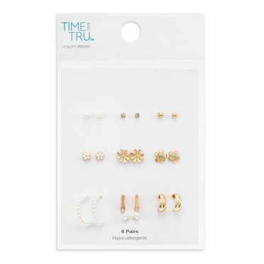 Time and Tru Womens Gold Mini Stud and Hoop Earring Collection, Flower Motif, 9 Pairs